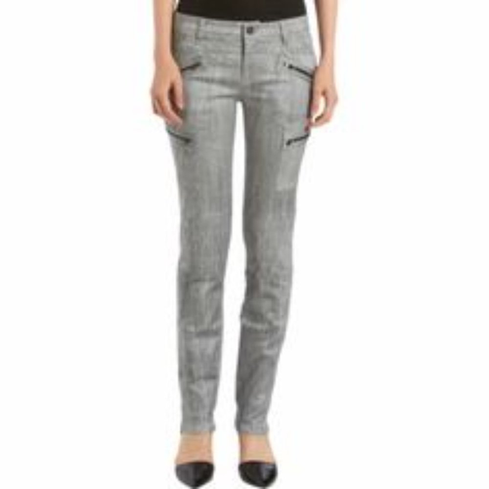 TROA NEW YORK Crosby Cigarette mid rise silver cargo zip skinny moto jeans